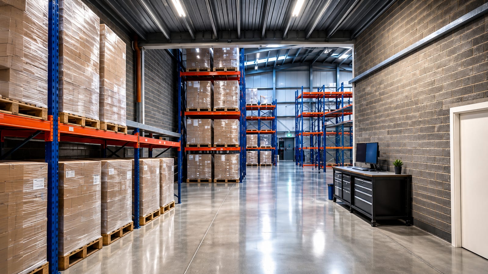 View down a racked aisle into the main IO Tech Logistics warehouse, with the technical bench on the right