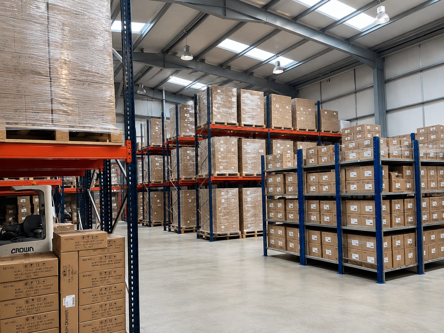 Pallet racking and parts shelving across the main warehouse floor