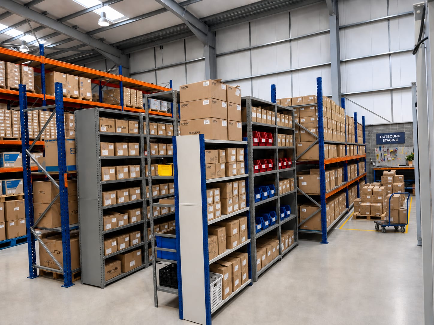 Parts shelving stocked with hardware beside the outbound staging area